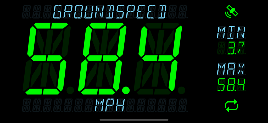 Groundspeed - Groundspeed app interface featuring a high-contrast green 16-segment digital display showing 58.4 MPH