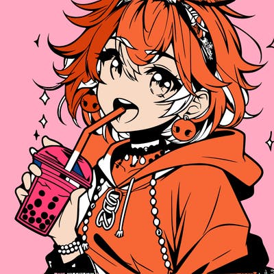 hot baddie anime girl drinking boba and biting the straw