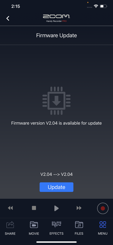 Handy Recorder PRO - Firmware update interface in the Handy Recorder PRO app showing version 2.04 available for Zoom hardware