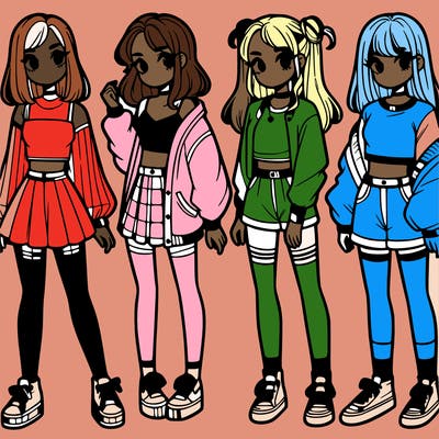 one girl with crop-top shirt and a jacket with a skirt, long socks and another girl with a shirt and pants with a jacket