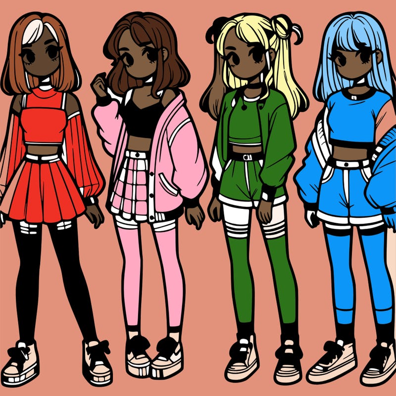 one girl with crop-top shirt and a jacket with a skirt, long socks and another girl with a shirt and pants with a jacket