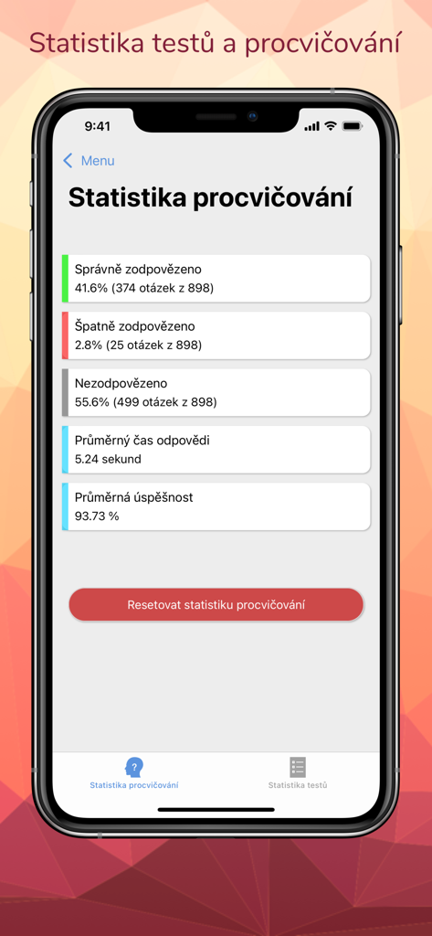 Practice statistics screen in the Autoskola 2026 CZ driving school app showing test performance and success rates