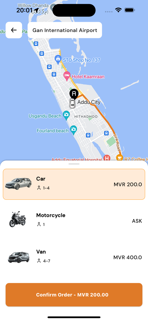 MyTaxi 4646 - Interface de l'application MyTaxi 4646 montrant une carte de la ville d'Addu et des options de sélection de véhicule pour voiture, moto et van