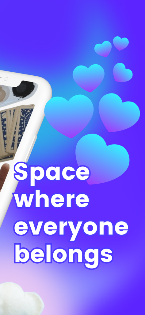 Tela do aplicativo ShopLook com o texto Space where everyone belongs e corações azuis flutuantes em um fundo roxo