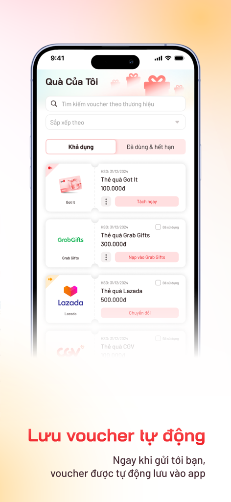 Mobile app interface of Got It showing a list of digital vouchers and an auto save feature.