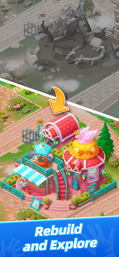 Mystery Town - Merge & Cases - Ein Vorher-Nachher-Vergleich, der zeigt, wie ein zerstörtes graues Gebäude in Mystery Town in ein lebendiges pinkes Café verwandelt wurde.