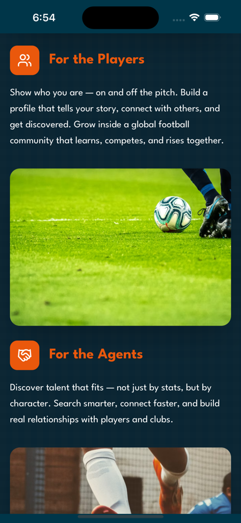 Mobile app screen showing networking features for soccer players and agents