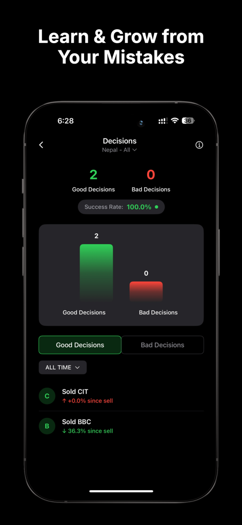 Analytics screen in the Nepsense app showing good versus bad trading decisions and success rate.