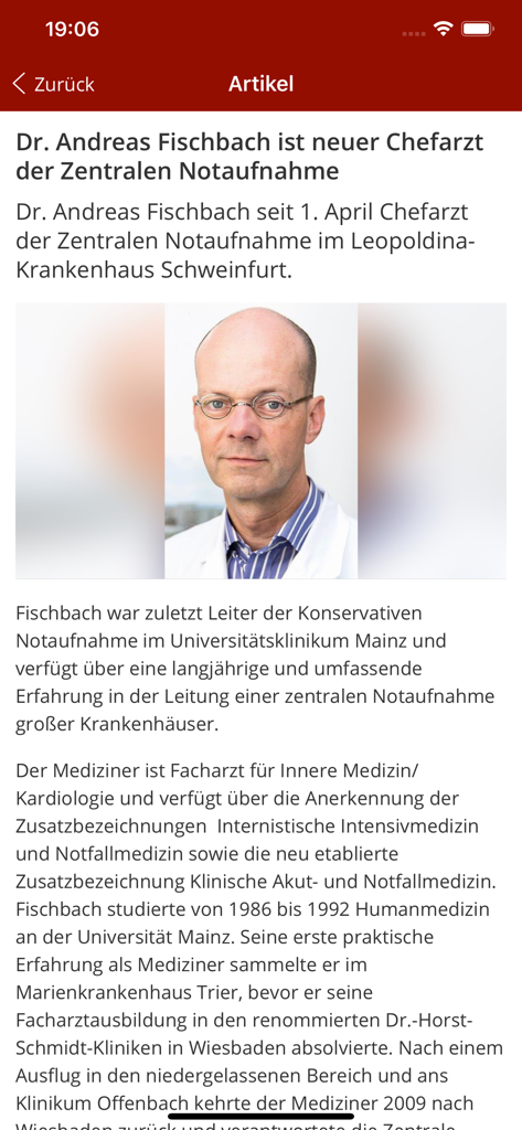 myLEO - Screenshot of the myLEO app showing a news article about a new chief physician at Leopoldina Hospital