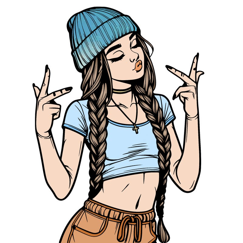 realistic teenage girl with braids and a beanie and crop top doing 🫶🏼