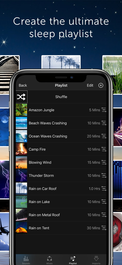 White Noise - White Noise app screen displaying a custom sleep playlist with various nature and ambient sounds