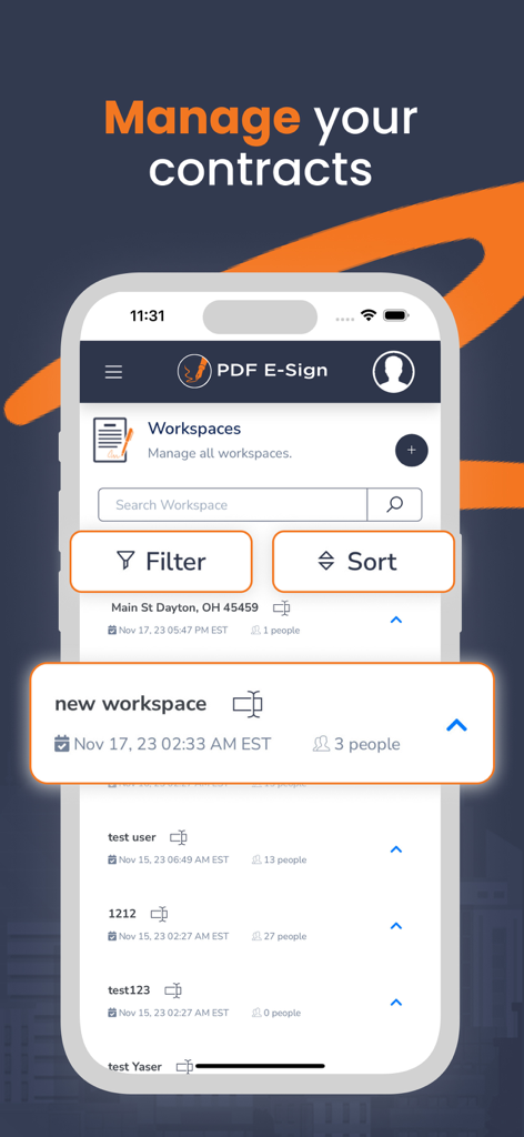 PDFEsign.com PDF E-Sign - Interfaz de la aplicación móvil que muestra la pantalla de gestión de contratos con una lista de espacios de trabajo y opciones de filtrado.