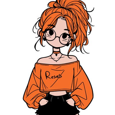 girl with a messy ponytail glasses a baggy crop top and jean shorts