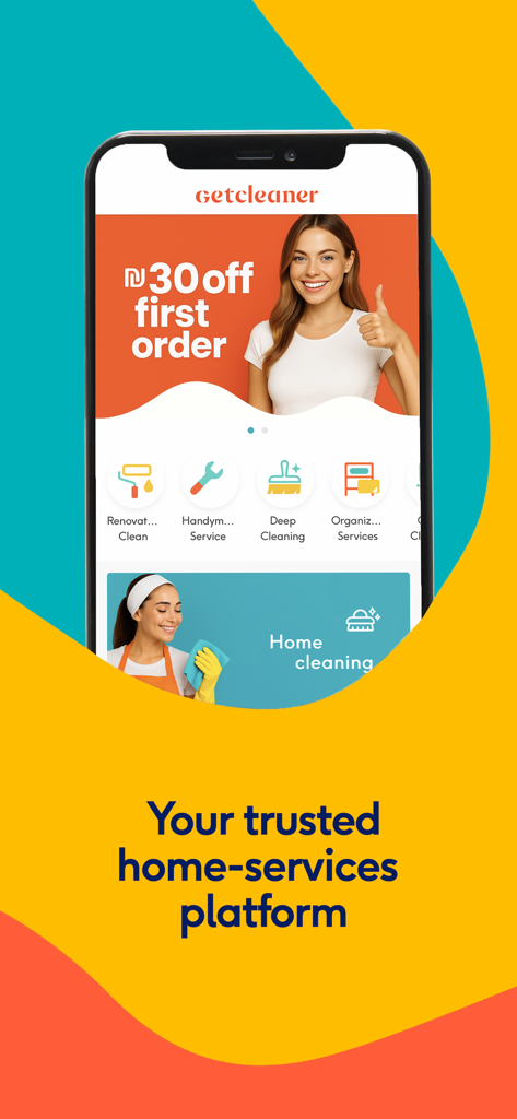 GetCleaner - Home Services - GetCleaner mobile App-Oberfläche, die verschiedene Haushaltsdienste anzeigt, darunter Renovierungsreinigung, Handwerkerdienste und Tiefenreinigung mit einem Rabattangebot für die erste Bestellung