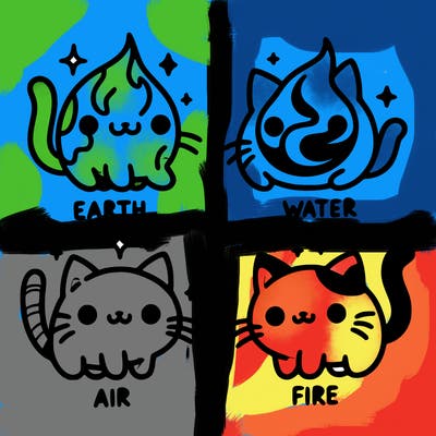 4 cats that represent the different elements, earth, water, air, and fire