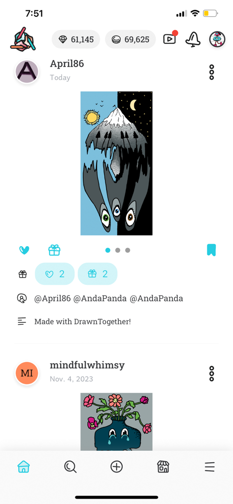 DrawnTogether - Social media feed in the DrawnTogether app showing collaborative surrealist drawings by different users