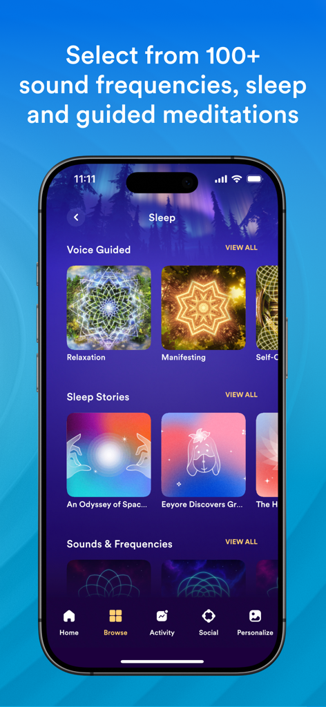 Eine mobile Oberfläche für TRIPP, die verschiedene Meditationskategorien und Schlafgeschichten zeigt.