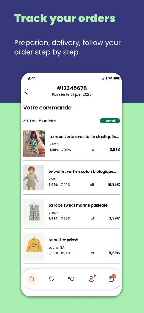 A mobile screen showing the order tracking and purchase history in the Tape a l'oeil children's fashion app.