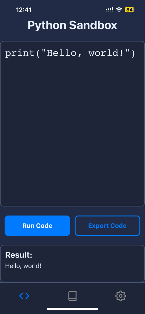 La aplicación Python Sandbox muestra una ventana de editor de código Python y resultados de ejecución