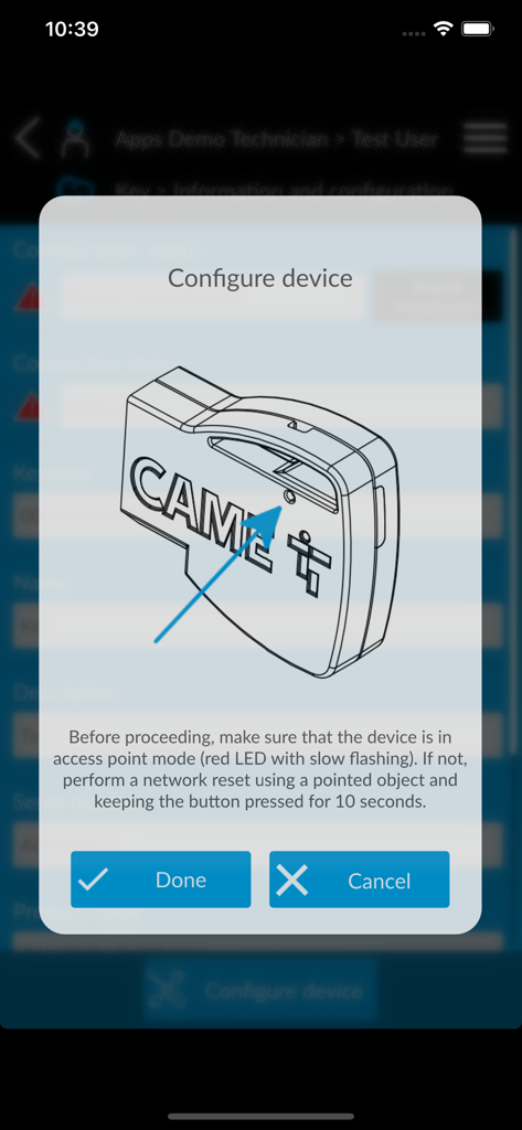 CONNECT SetUp - Diagrama en la aplicación CONNECT SetUp que explica cómo poner un dispositivo CAME en modo de punto de acceso