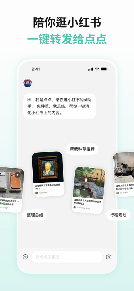 Dian Dian AI chat interface showing integration with Xiaohongshu posts for content summarization and travel planning