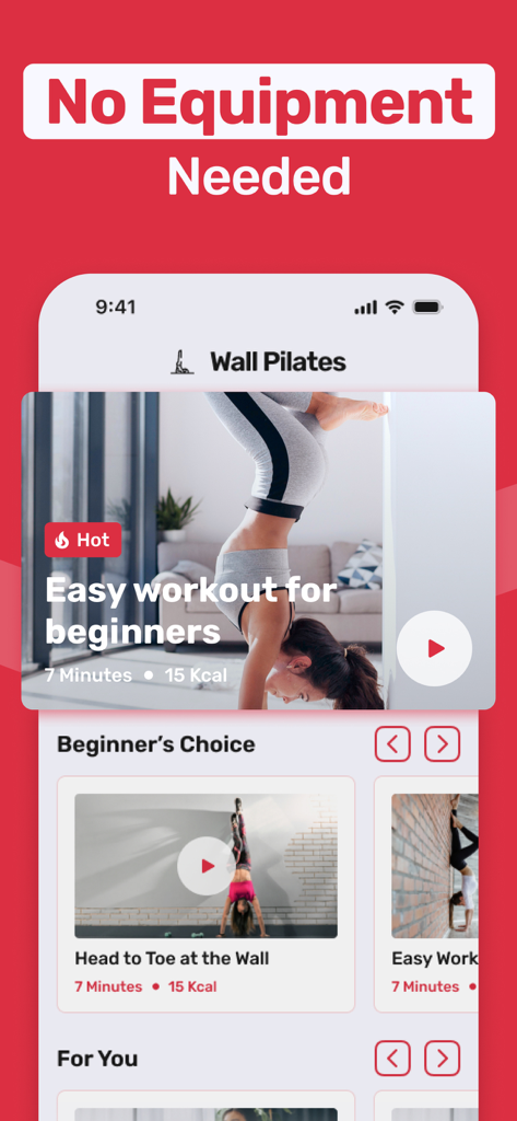 Wall Pilates: 28 Day Challenge - Interface of the Wall Pilates app highlighting a beginner workout and the no equipment needed feature.