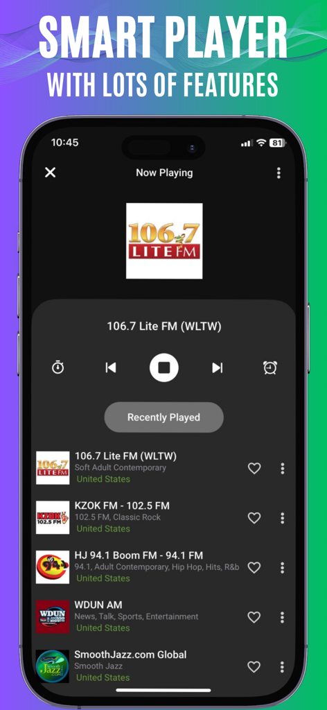 Interface de leitor de rádio inteligente mostrando a estação atualmente a reproduzir e a lista de reproduções recentes.