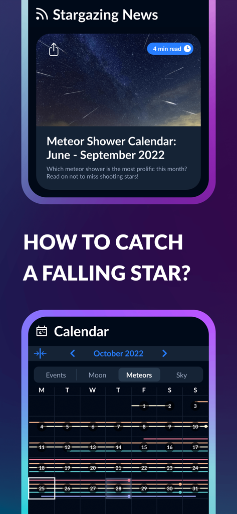 Sky Tonight - Stargazing Guide - Sky Tonight app interface showing stargazing news and a meteor shower calendar.