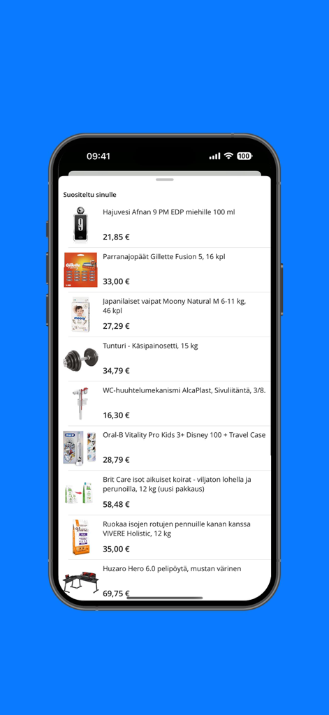 Hobbyhall.fi verkkokauppa - A list of recommended products in the Hobbyhall mobile shopping application showing various categories and prices.