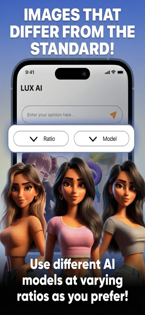 AI Art Image Generator LUX - AI Art Image Generator LUX interface showing custom AI models and image ratio selection options