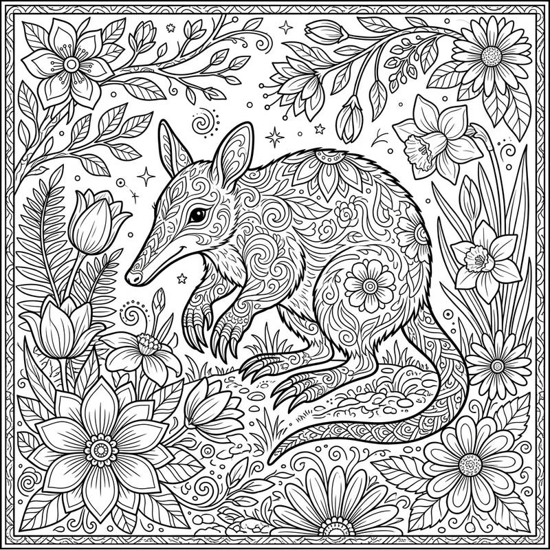 Dive into a world of intricate patterns with this stunning adult coloring page featuring a bandicoot. Surrounded by the fresh beauty of spring, this design promises hours of mindful artistic enjoyment.