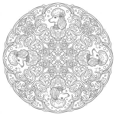 Dive into tranquility with this stunning adult coloring page featuring elegant poodles intricately woven into a majestic mandala. Designed for mindfulness and relaxation, it offers a detailed artistic escape.