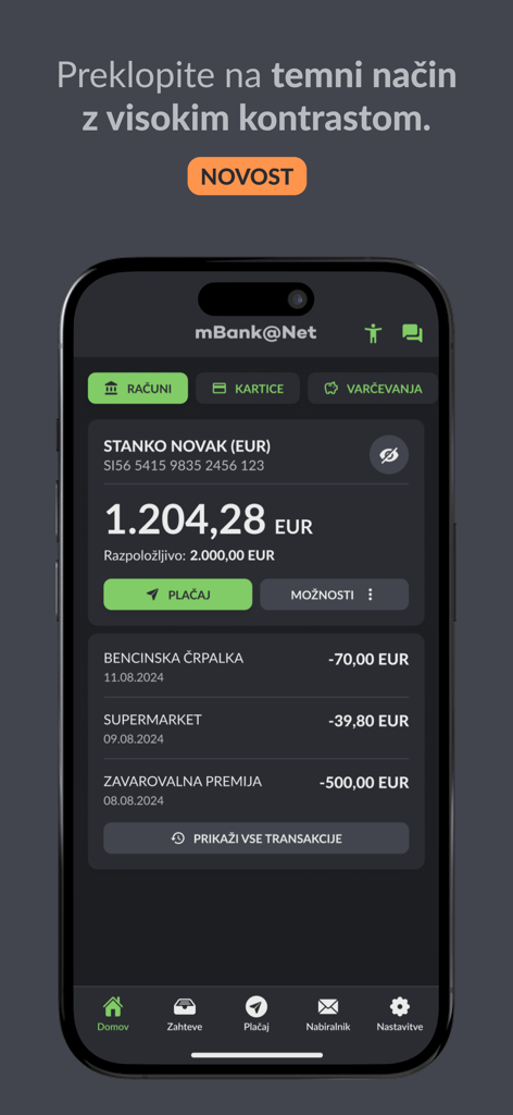 mBank@Net - mBank@Net mobile banking app interface showing account balance and recent transactions in high-contrast dark mode.