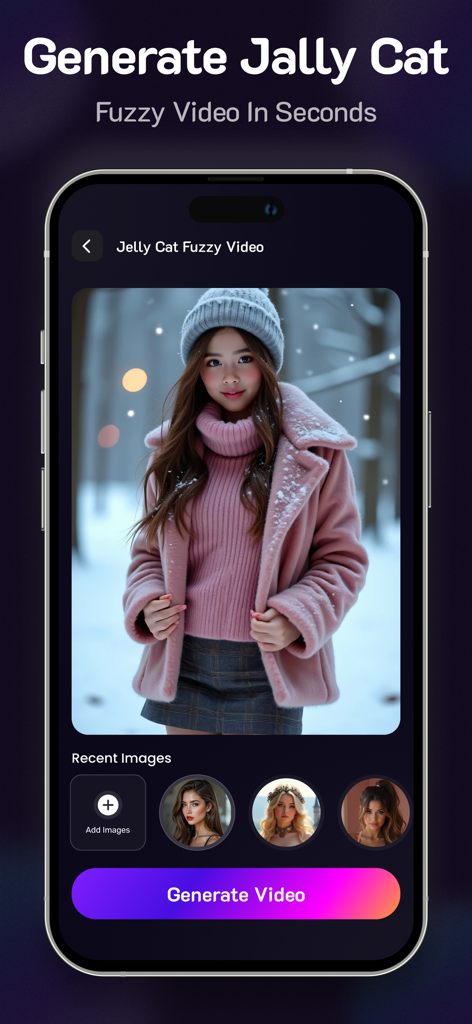 Twerk Video : Fuzzy Ai - Tela de smartphone exibindo a interface do aplicativo Fuzzy AI com uma foto de uma mulher em um casaco rosa e um botão para gerar um vídeo Jelly Cat.