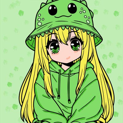 girl with anime shaped eyes with a dinosaur bucket hat oversized sweatshirt long straight hair