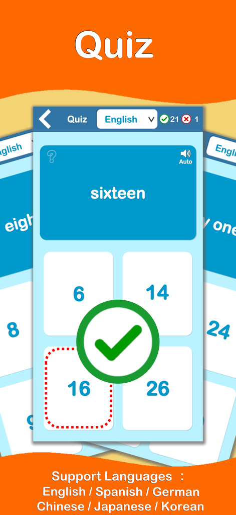123 Numbers Flashcards - Una captura de pantalla que muestra la interfaz de cuestionario educativo de la aplicación Tarjetas de Números 123 donde un niño empareja la palabra escrita 'dieciséis' con el número 16, con una marca verde que indica una respuesta correcta.