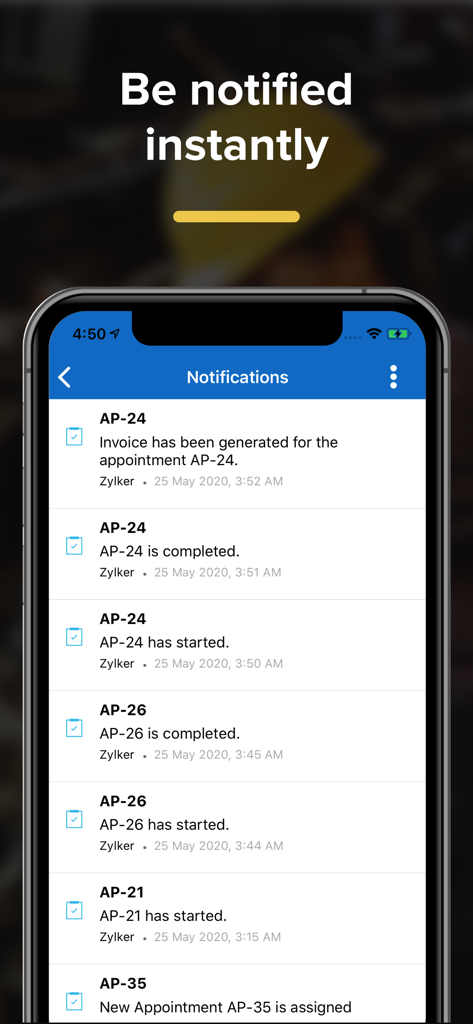 Zoho FSM - Tela de notificações do aplicativo móvel Zoho FSM exibindo atualizações de ordens de serviço e status de agendamentos