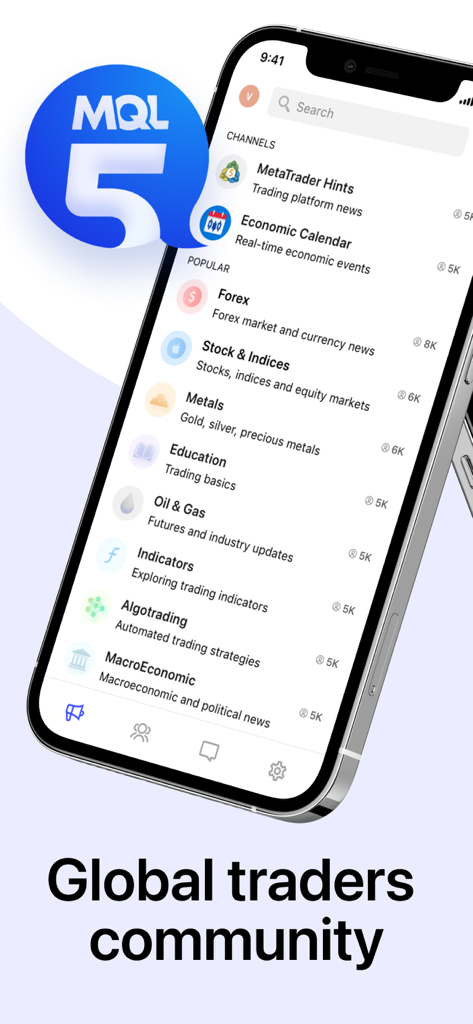 Pantalla de la aplicación móvil MQL5 Channels mostrando una lista de comunidades de trading financiero, incluyendo Forex y Acciones