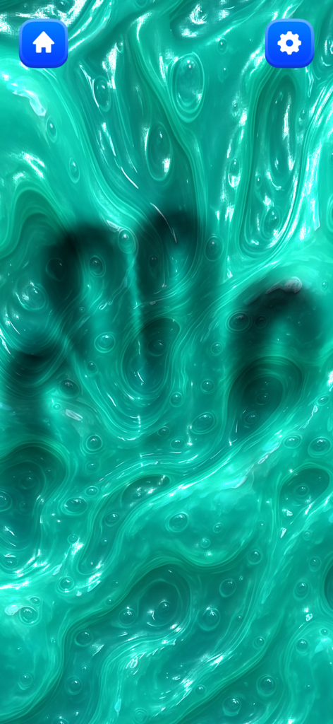 泡と渦のある光沢のあるターコイズ色のスライムに手の形が付いた、インタラクティブな画面