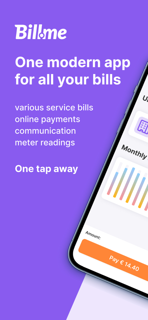 The Bill.me app interface displaying features for bill management and one-tap payments.