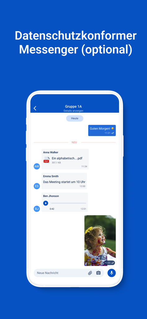 Secure group chat interface in the Stay Informed App showing messages with documents and photos