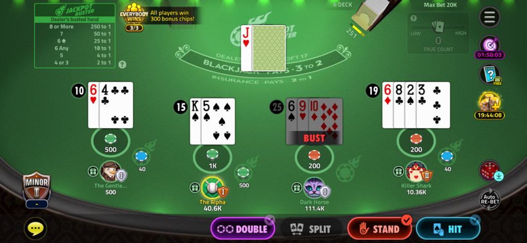 A multiplayer blackjack game on a realistic green casino table with chips and cards.
