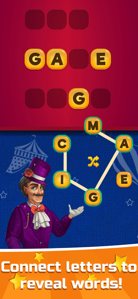 A magician character in a purple suit showing the word connect gameplay in Circus Words