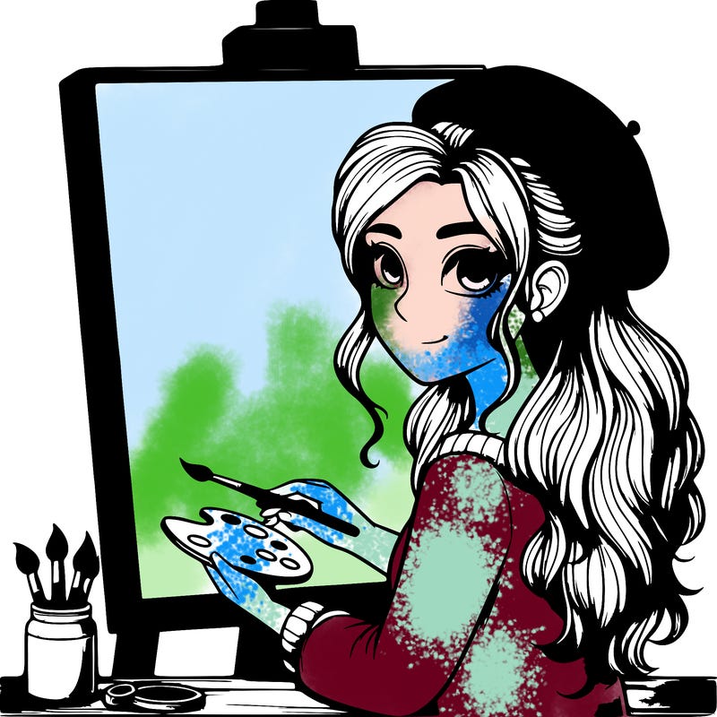 realistic girl artist painting a blank canvas