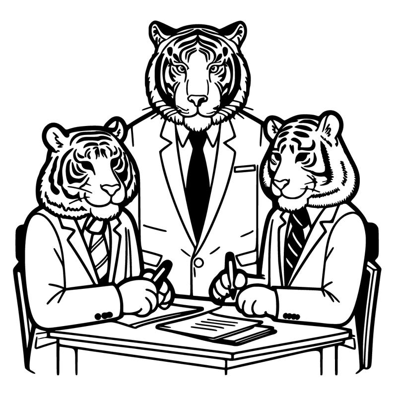 tigers with a suits and ties in a work meeting