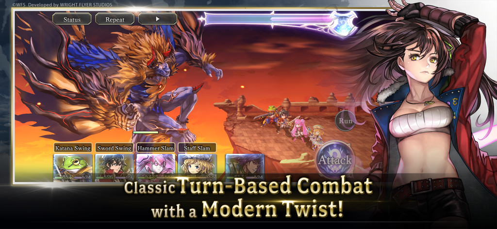 Scena di combattimento a turni classica in Another Eden con un gruppo di eroi che combattono un grosso mostro