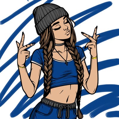 realistic teenage girl with braids and a beanie and crop top doing 🫶🏼