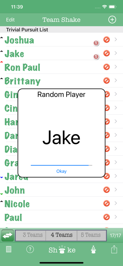 Team Shake - The Team Shake app interface displaying a random player selection pop-up with the name Jake
