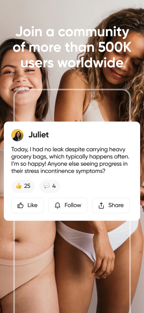 Perifit App-Screenshot, der einen Erfahrungsbericht über Fortschritte bei Belastungsinkontinenz in einer Gemeinschaft von 500.000 Nutzerinnen zeigt.