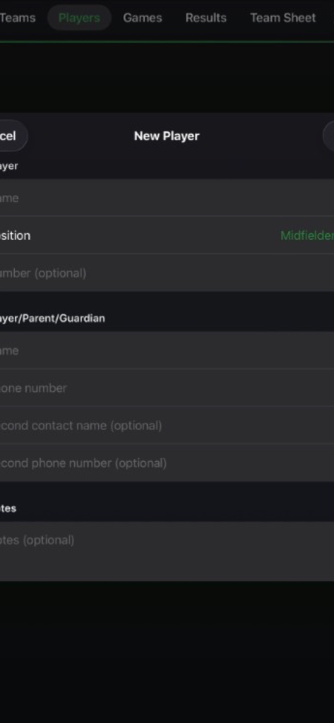 Formulario para agregar un nuevo jugador e información de contacto de los padres en la aplicación Soccer Manager